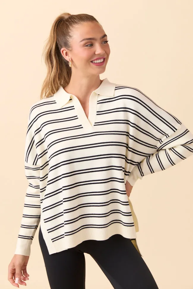 Jurnee Ivory and Black Striped V-Neck Sweater sold by Pink Lily