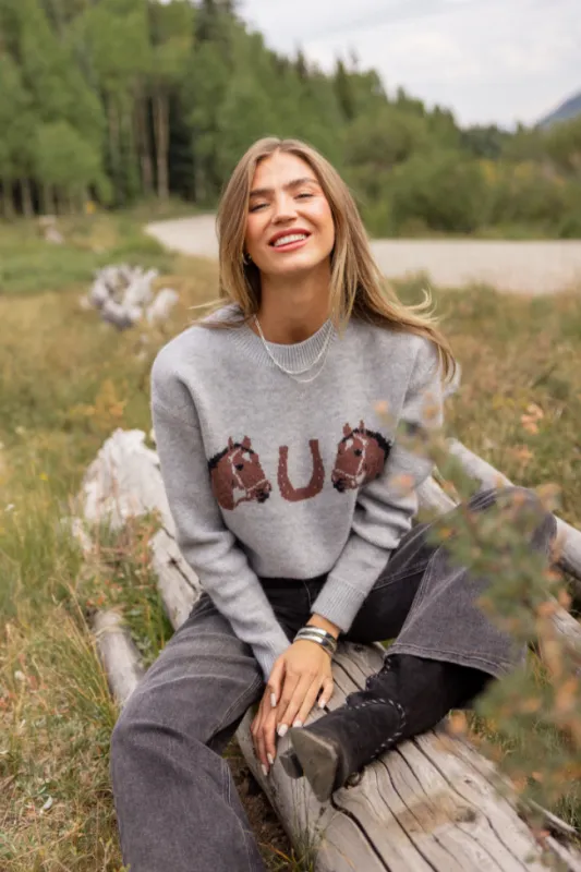 Montana Horse Motif Grey Knit Pullover Sweater DOORBUSTER sold by Pink Lily