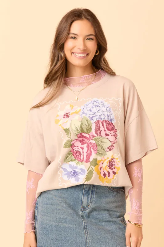 Floral Stamp Taupe Oversized Graphic Tee sold by Pink Lily