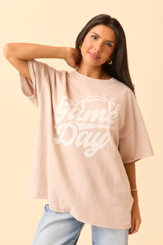 Game Day Script Taupe Oversized Graphic Tee SALE sold by Pink Lily