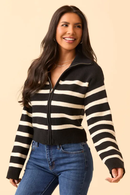 Reece Black and White Stripe Full Zip Sweater sold by Pink Lily