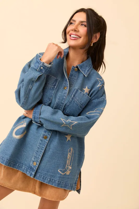 Scout Western Print Oversized Denim Shirt sold by Pink Lily