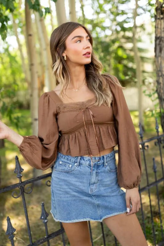 Ann Maria Brown Lace Trim Blouse sold by Pink Lily