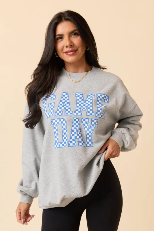 Checkered Blue Game Day Light Grey Graphic Sweatshirt sold by Pink Lily