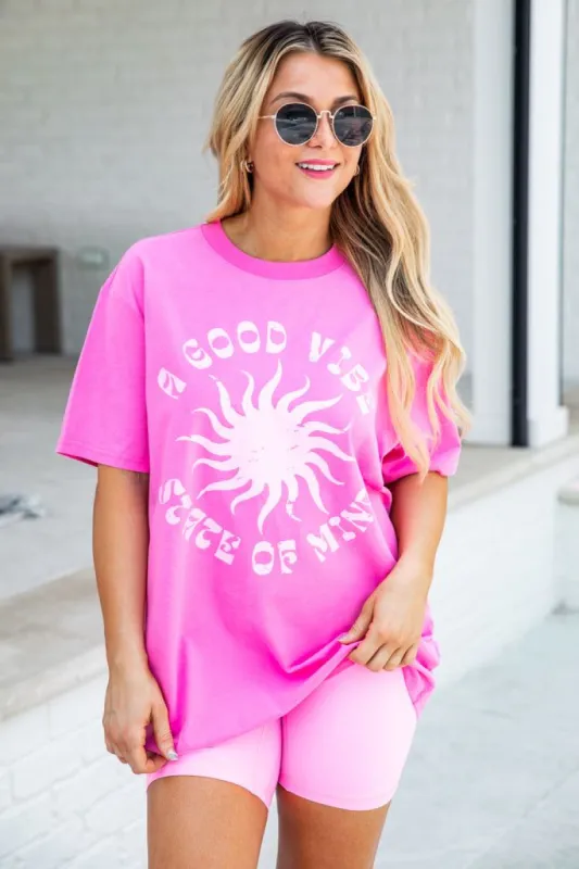 A Good Vibe Hot Pink Oversized Graphic Tee sold by Pink Lily