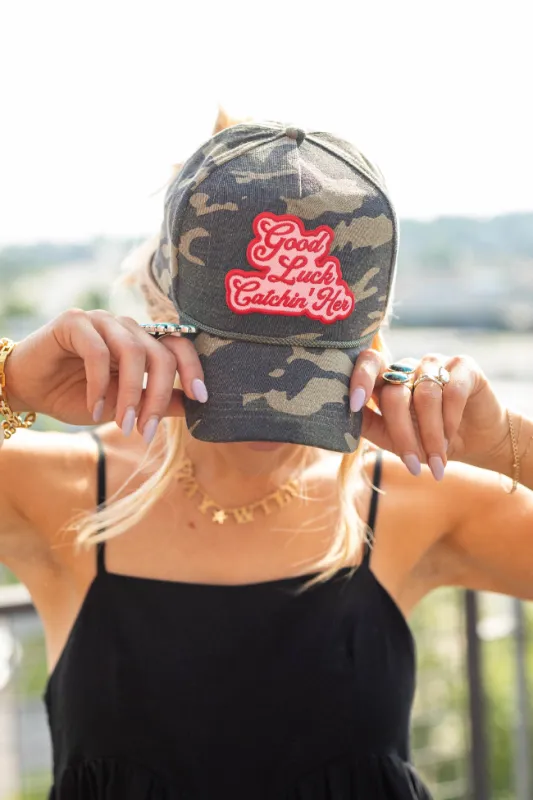 Good Luck Catchin' Her Camo Baseball Cap sold by Pink Lily