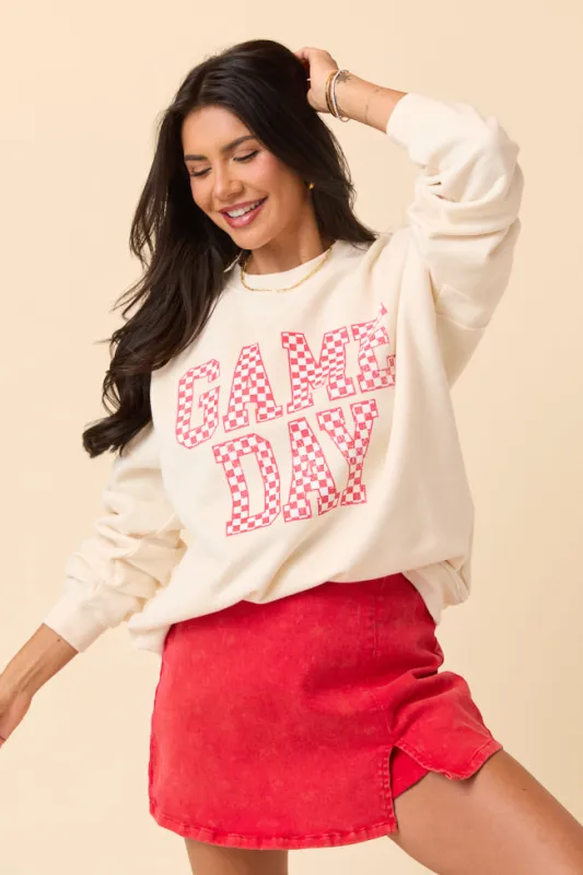 Checkered Red Game Day Cream Graphic Sweatshirt sold by Pink Lily