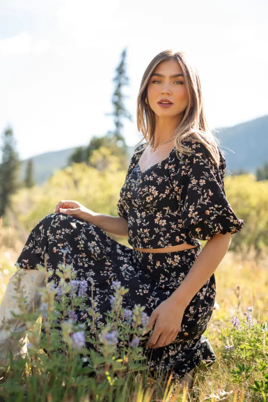 Sasha Black Floral Puff Sleeve Smocked Blouse SALE sold by Pink Lily