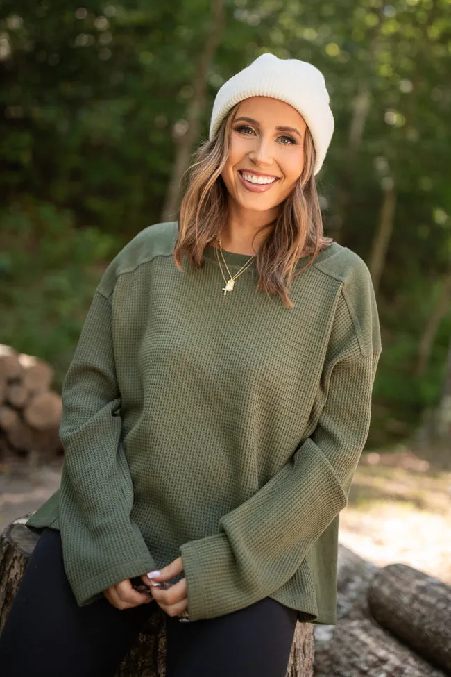 Dylan Waffle Knit Olive Green Pullover Emily Fauver X Pink Lily sold by Pink Lily