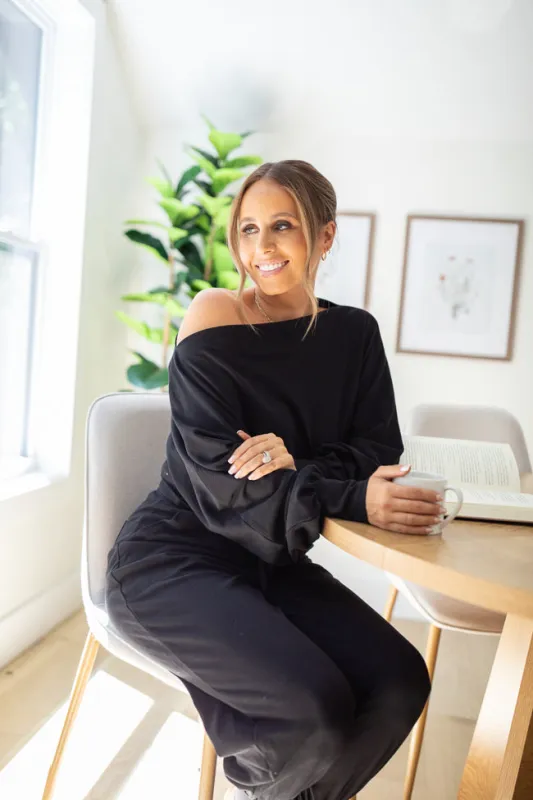 Sarah Black Off The Shoulder Shirt Emily Fauver X Pink Lily sold by Pink Lily