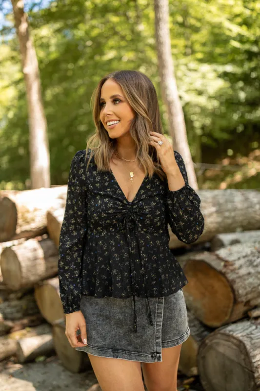 Ella Black Floral Ruched V-neck Blouse Emily Fauver X Pink Lily sold by Pink Lily