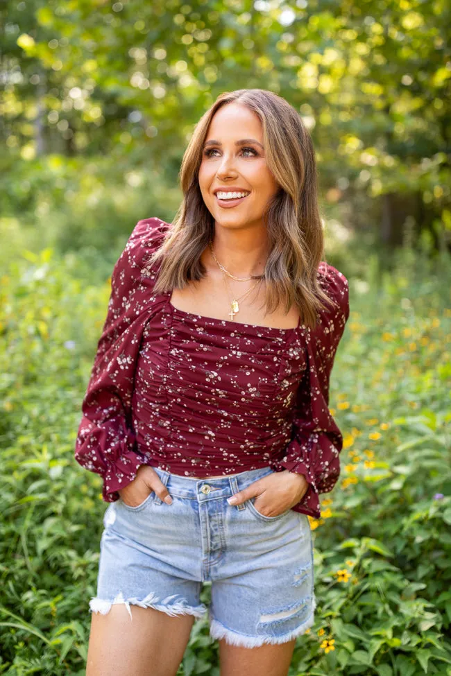 Brittney Ruched Claret Floral Top Emily Fauver X Pink Lily sold by Pink Lily
