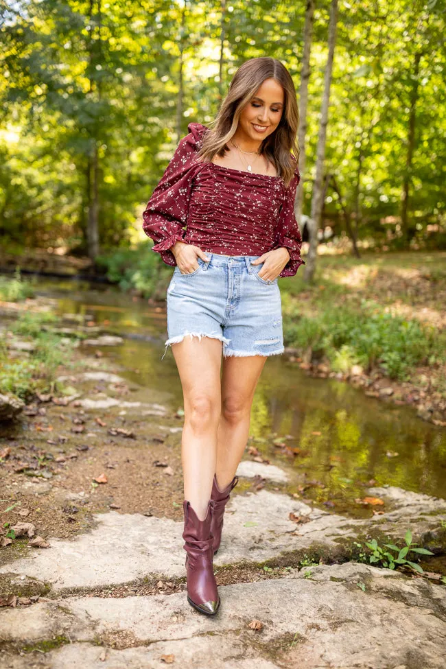 Brittney Ruched Claret Floral Top Emily Fauver X Pink Lily sold by Pink Lily product image thumbnail 2