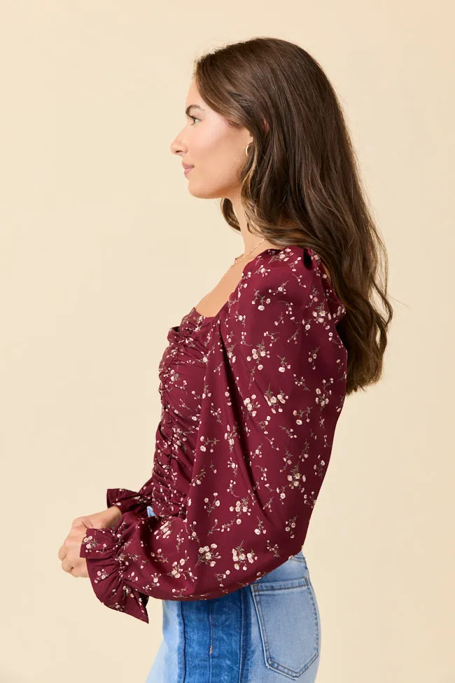 Brittney Ruched Claret Floral Top Emily Fauver X Pink Lily sold by Pink Lily product image thumbnail 5