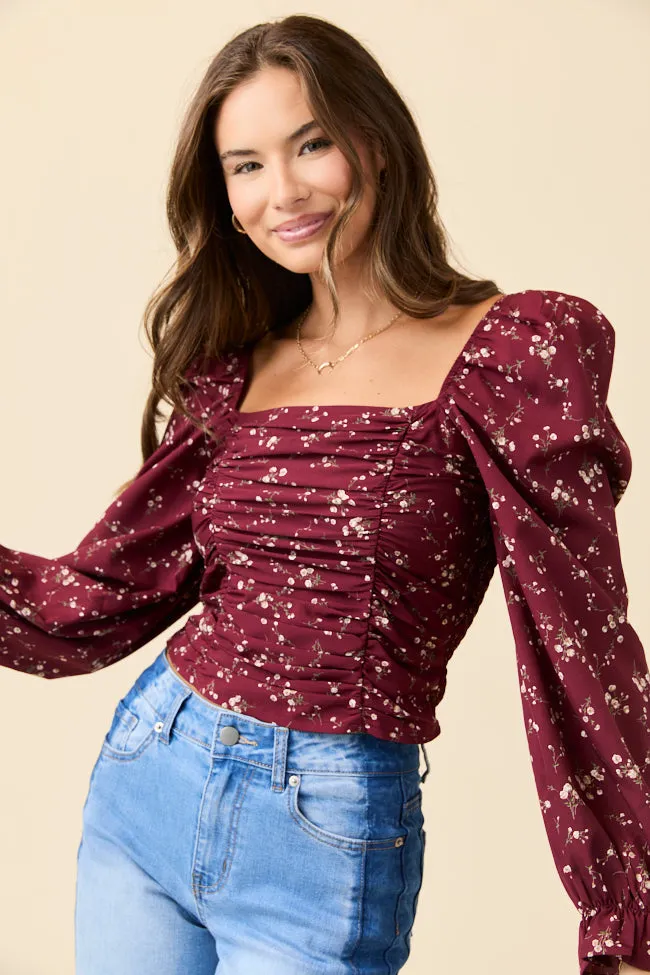 Brittney Ruched Claret Floral Top Emily Fauver X Pink Lily sold by Pink Lily product image thumbnail 3