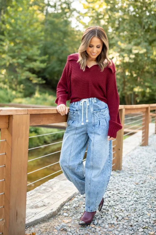 Ashlie Denim Drawstring Waist Barrel Leg Jean Emily Fauver X Pink Lily sold by Pink Lily