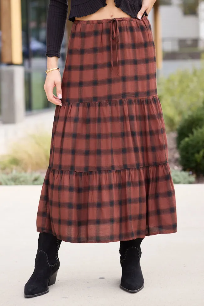 Rena Rust Plaid Midi Skirt sold by Pink Lily