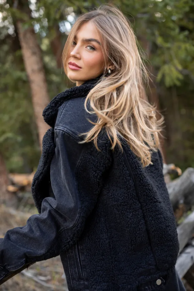 Picking Sides Black Wash Sherpa Detail Oversized Denim Jacket sold by Pink Lily product image thumbnail 2
