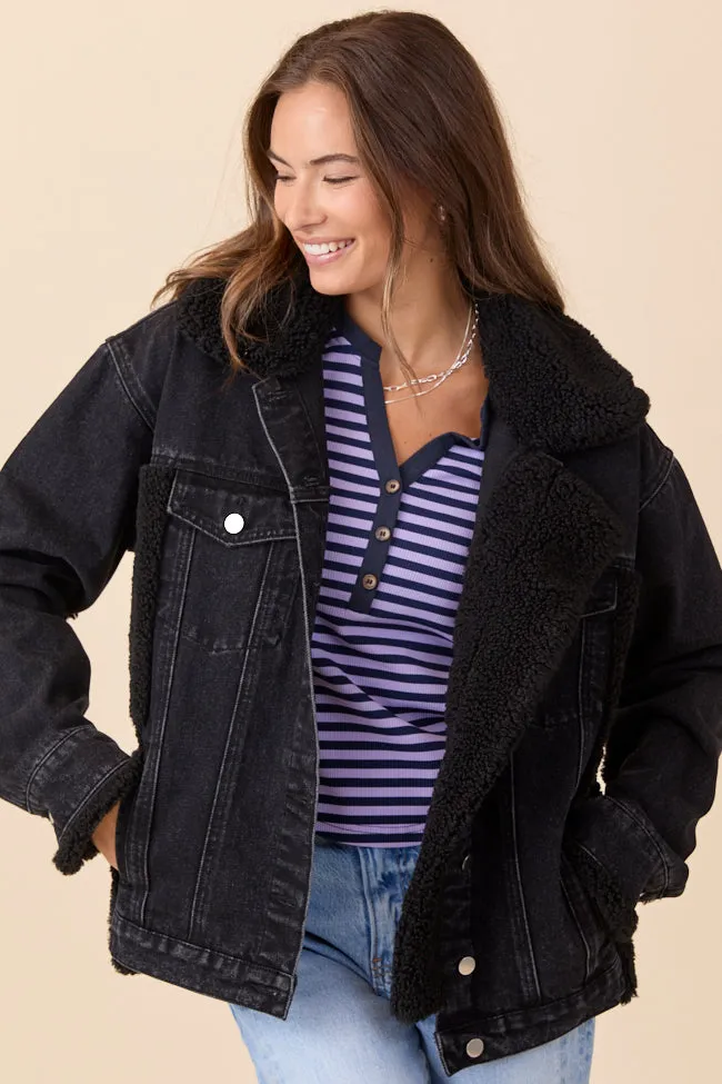 Picking Sides Black Wash Sherpa Detail Oversized Denim Jacket sold by Pink Lily product image thumbnail 3
