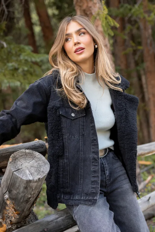 Picking Sides Black Wash Sherpa Detail Oversized Denim Jacket SALE sold by Pink Lily
