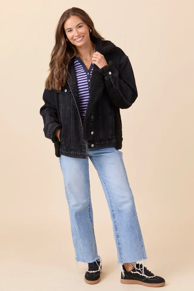Picking Sides Black Wash Sherpa Detail Oversized Denim Jacket sold by Pink Lily product image thumbnail 4
