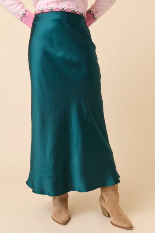 Gwendlyn Emerald Satin Maxi Skirt SALE sold by Pink Lily