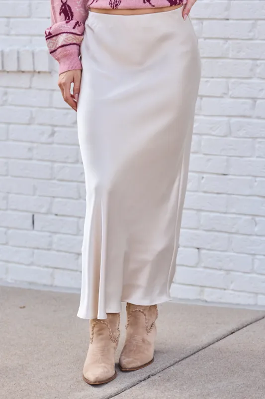 Gwendlyn Ivory Satin Maxi Skirt SALE sold by Pink Lily