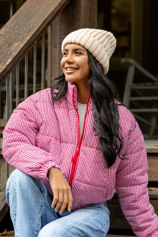 Paloma Red Gingham Zip Up Puffer Jacket SALE sold by Pink Lily
