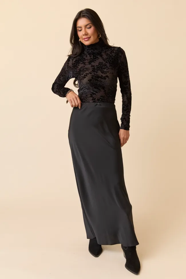 Freya Black Satin Maxi Skirt FINAL SALE sold by Pink Lily product image thumbnail 2