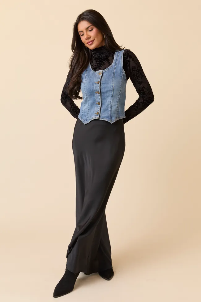 Freya Black Satin Maxi Skirt FINAL SALE sold by Pink Lily product image thumbnail 3