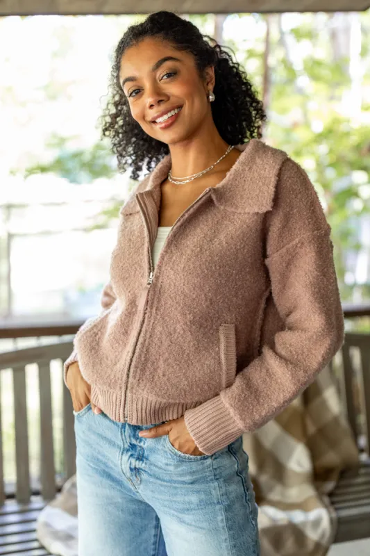 Bodhi Mauve Boucle Full Zip Jacket sold by Pink Lily