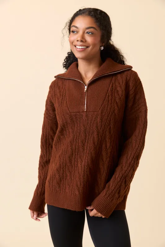 Chismer Brown Cable Knit Zip Up Sweater SALE sold by Pink Lily