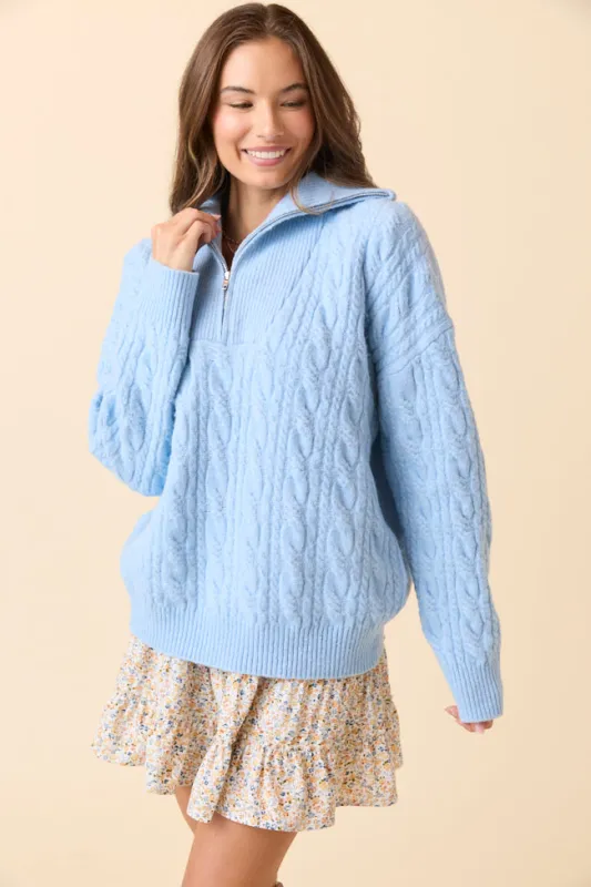 Chismer Light Blue Cable Knit Zip Up Sweater SALE sold by Pink Lily