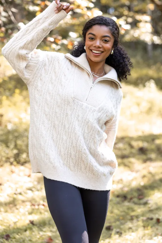 Chismer Beige Cable Knit Zip Up SALE sold by Pink Lily