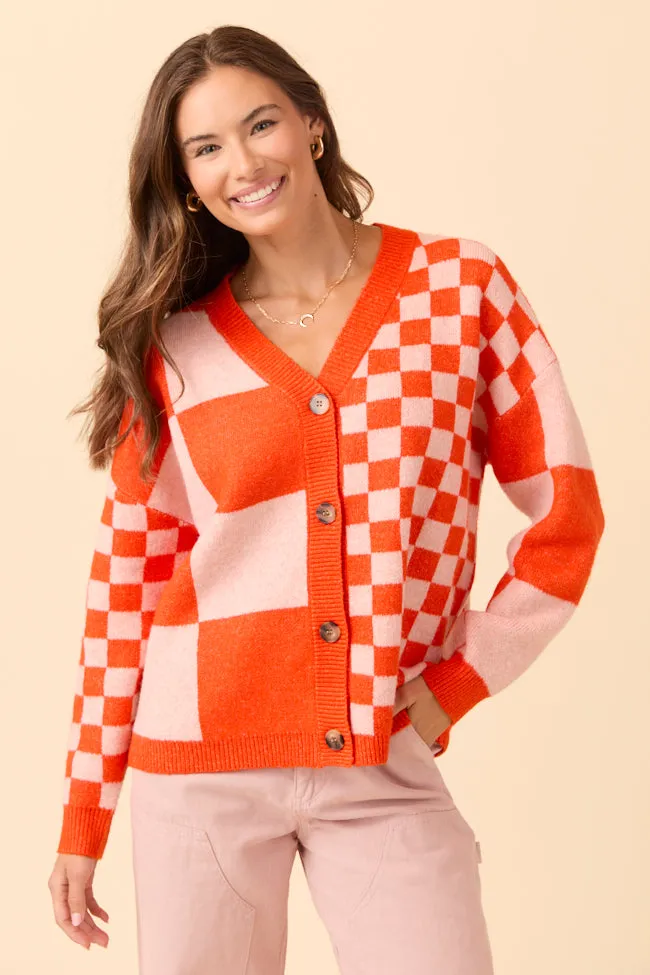 Alyssia Coral And Orange Checkered Cardigan SALE sold by Pink Lily
