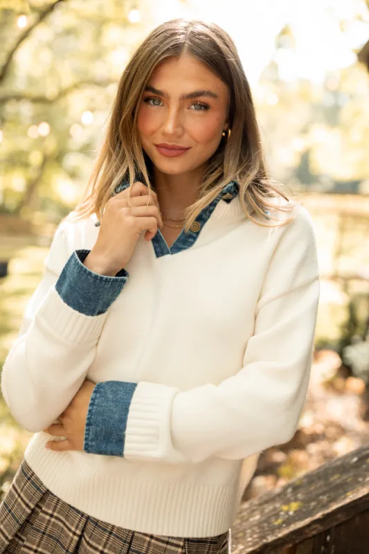 Cecil Ivory And Denim Collared Sweater sold by Pink Lily