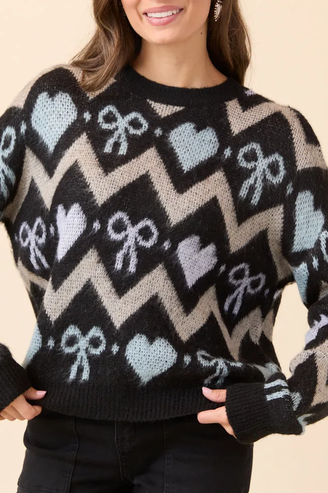 Annie Joy Black Blue Grey Hearts and Bows Sweater FINAL SALE sold by Pink Lily product image thumbnail 3