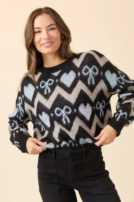 Annie Joy Black Blue Grey Hearts and Bows Sweater sold by Pink Lily