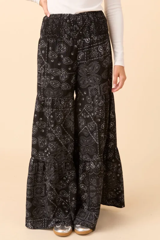 Eliza Black Paisley Print Wide Leg Pants sold by Pink Lily