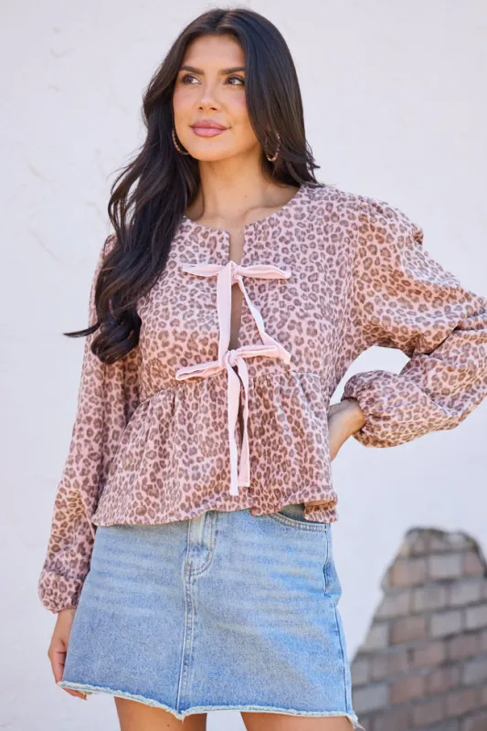Talyn Pink Leopard Velvet Tie Front Top sold by Pink Lily