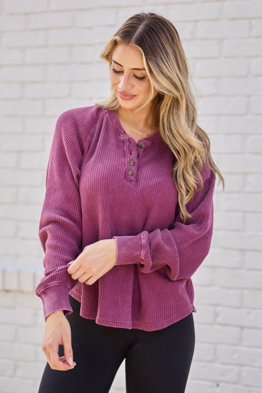 Abbie Long Sleeve Mineral Wash Dark Cherry Thermal Henley Top sold by Pink Lily