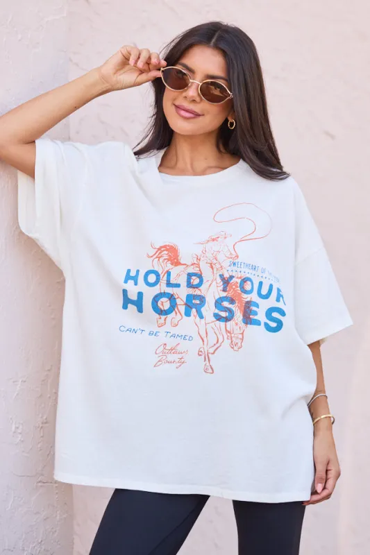 Hold Your Horses Off White Oversized Graphic Tee SALE sold by Pink Lily