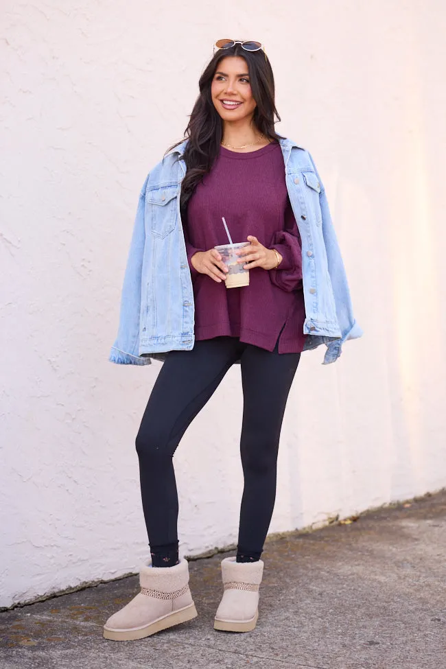 Caroline Dark Cherry Brushed Waffle Crewneck Pullover sold by Pink Lily product image thumbnail 3