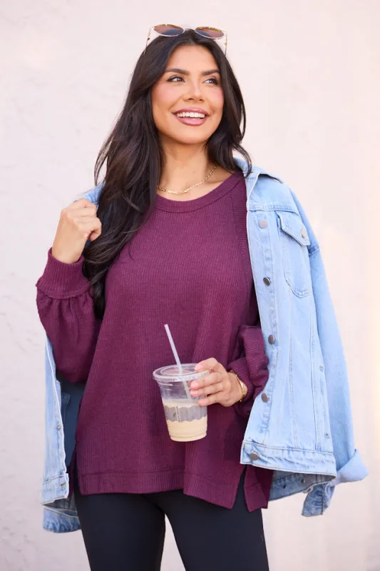 Caroline Dark Cherry Brushed Waffle Crewneck Pullover sold by Pink Lily