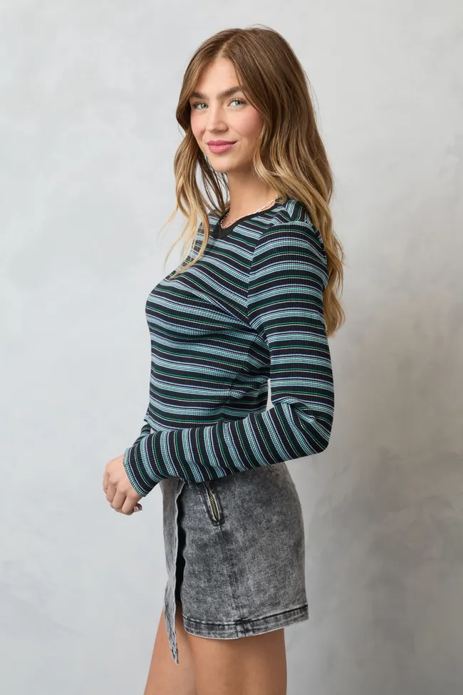 Keiko Black Multi Striped Long Sleeve Crewneck Top SALE sold by Pink Lily product image thumbnail 4