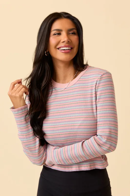Keiko Pink Multi Striped Long Sleeve Crewneck Top sold by Pink Lily
