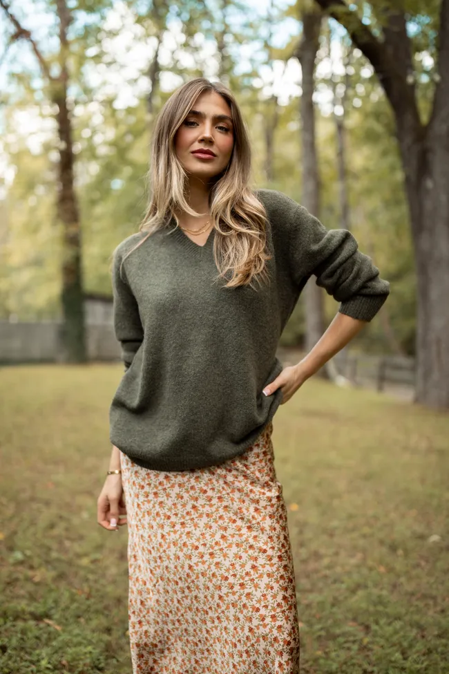 Adalyn Olive Green V-Neck Sweater sold by Pink Lily