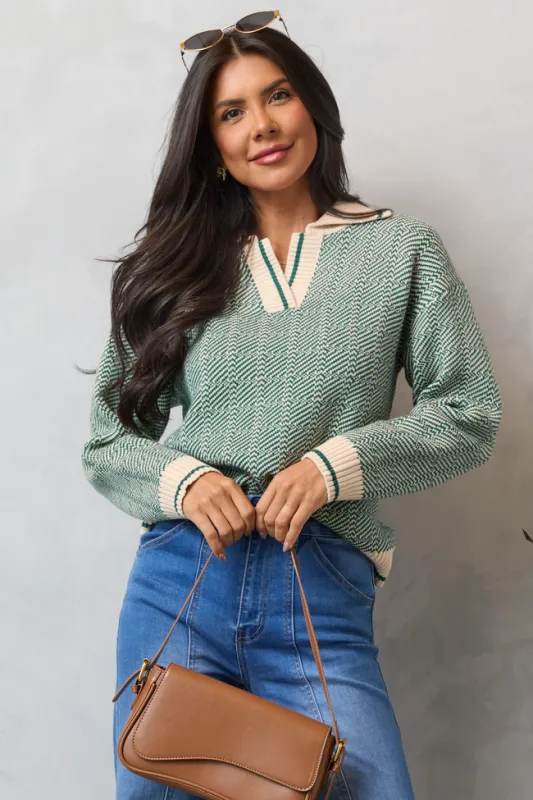 Candice Green Patterned V-Neck Pullover SALE sold by Pink Lily