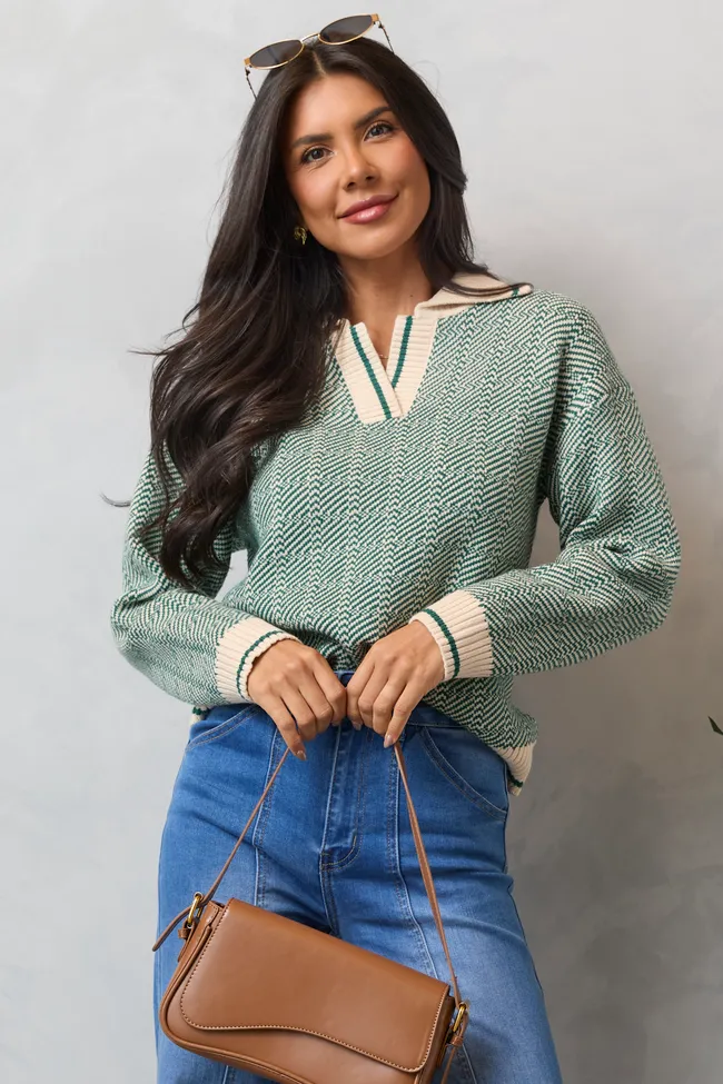 Candice Green Patterned V-Neck Pullover SALE sold by Pink Lily