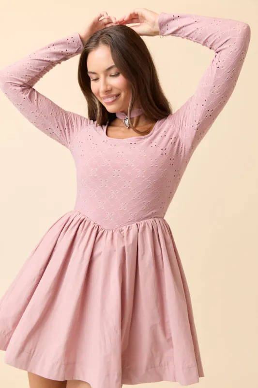 Marina Mauve Eyelet Mini Dress SALE sold by Pink Lily